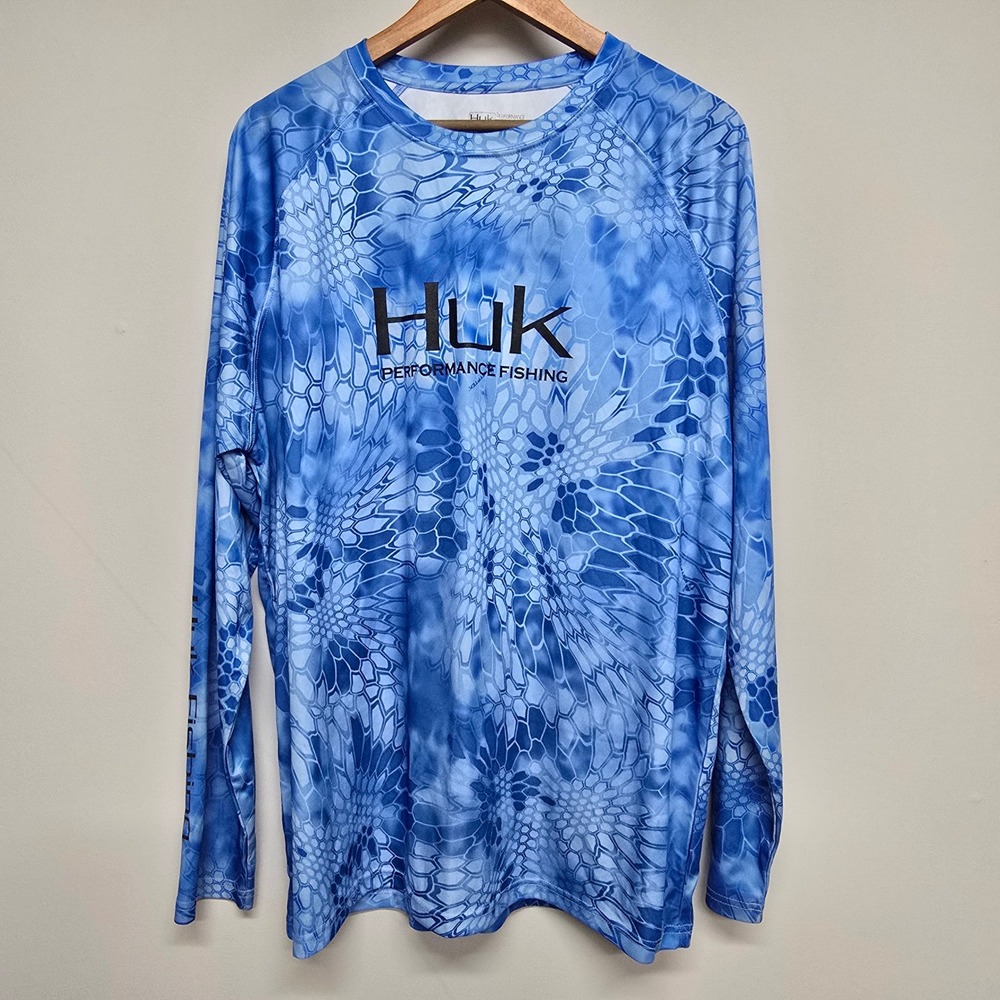 Huk Pursuit Long Sleeve Fishing Shirt Mens XL Blue Kryptek Camo Gorpcore